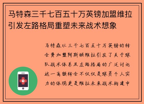 马特森三千七百五十万英镑加盟维拉引发左路格局重塑未来战术想象