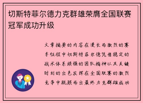 切斯特菲尔德力克群雄荣膺全国联赛冠军成功升级 切斯特菲尔德力克群雄荣膺全国联赛冠军成功升级