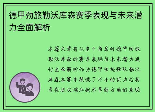 德甲劲旅勒沃库森赛季表现与未来潜力全面解析