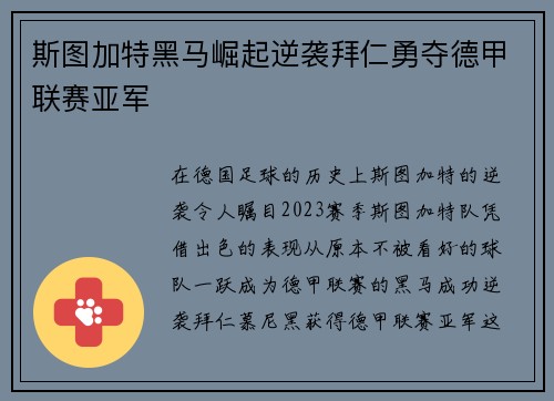 斯图加特黑马崛起逆袭拜仁勇夺德甲联赛亚军 斯图加特黑马崛起逆袭拜仁勇夺德甲联赛亚军